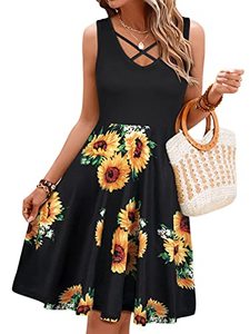 lot 7239 image: Womens Criss Cross V Neck Midi Dress Sleeveless A-line Cocktail Party Tank Dress Sun Flower Medium
