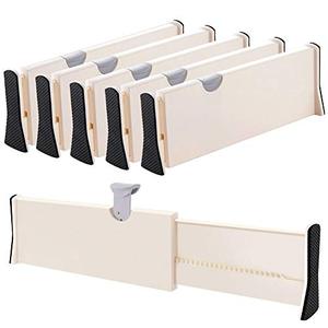 lot 7247 image: Drawer Dividers Organizer 5 Pack, Adjustable Separators 4 High Expandable from 11-17 for Bedroom, Bathroom, Closet,Clothing, Office, Kitchen Storage, Strong Secure Hold, Foam Ends, Locks in Place