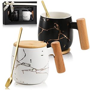 lot 7248 image: ZOOFOX Set of 2 Ceramic Coffee Mug, 12oz Tea Mug with Spoon and Lid for Couple, Marble Ceramic Cups for For Birthday, Anniversary, Wedding, Engagement, Valentines Day, Matching Gift