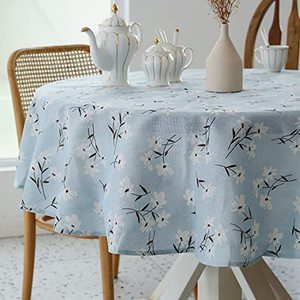 lot 7255 image: Pastoral Round Tablecloth - 60 Inch Dia. - Linen Fabric Table Cloth - Washable Table Cover with Dust-Proof Wrinkle Resistant for Restaurant, Picnic, Indoor and Outdoor Dining, Floral (Light Blue)