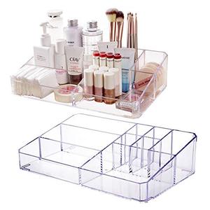 lot 7260 image: Jucoan 2 Pack Makeup Organizer Tray, Clear Acrylic 9-Compartment Vanity Cosmetic Storage Palette Tray, 12.5 X 7.5 X 3 Inch Makeup Display Case for Brush, Eyeshows, Skin Care Products