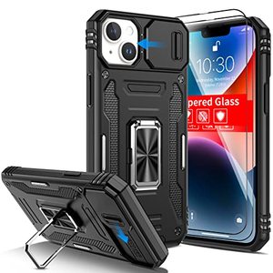 lot 7273 image: Pompvla Shockproof for iPhone 14 Case & iPhone 13 Case with 2 Tempered Glass Screen Protectors Built-in 360°Rotate Ring Kickstand & Camera Cover Military Grade Drop Heavy Duty Protection Men6.1black