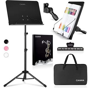 lot 7283 image: CAHAYA 5 in 1 Dual-use Sheet Music Stand & Desktop Book Stand Metal Portable Solid Back Height Adjustable from 31.4-57in with Book Stand Support, Carrying Bag, Sheet Music Folder and Clip CY0194