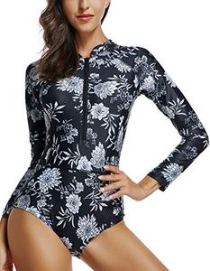 lot 7293 image: LafyKoly Womens One Piece Long Sleeve Rash Guard UV Protection Printed Surfing Swimsuit Swimwear Bathing Suit (L(US10-12), Black&White Flowers)