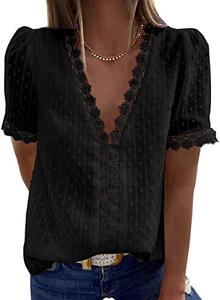 lot 7294 image: FARYSAYS Womens V Neck Short Sleeve Black Lace Shirts Sheer Thin Blouses Summer Casual Loose Tunic Tops for Work Female X-Large
