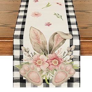 lot 7296 image: Artoid Mode Buffalo Plaid Bunny Ear Foot Flower Easter Table Runner, Seasonal Spring Kitchen Dining Table Decoration for Home Party Decor 13x72 Inch