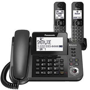lot 7297 image: PANASONIC Bluetooth Corded  Cordless Phone System with Answering Machine, Enhanced Noise Reduction and One-Touch Call Block - 2 Handsets - KX-TGF382M (Metallic Black)