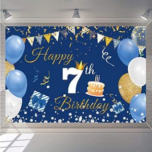 lot 7302 image: 7th Birthday Decorations Happy 7th Birthday Backdrop Banner for BoysGirls Happy 7 Years Old Fabric Sign Poster, Blue Photography Background Seventh Birthday Party Supplies, 59x35.4