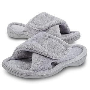 lot 7303 image: Git-up Womens Memory Foam Slippers with Arch Support Adjustable Hook and Loop Slippers Diabetic Open Toe Soft Bedroom House Slippers for Indoor Outdoor Shoes GREY US 89