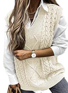 lot 7307 image: EVLAESS Womens Sweater Vest V Neck Sleeveless Sweaters for Women Cable Knit Solid Color Tops Loose Casual Soft Sweater Beige Medium