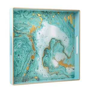 lot 7312 image: MAONAME Turquoise Square Decorative Tray for Coffee Table, Marbling Serving Tray with Handles, Modern 13 Plastic Tray for Ottoman, Bathroom, Storage