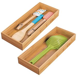 lot 7319 image: mDesign Wooden Bamboo Drawer Organizer - 15 Long Stackable Storage Box Tray for Kitchen DrawersCabinet - Utensil, Silverware, Spatula, and Flatware Holder - Echo Collection - 2 Pack, Natural Wood
