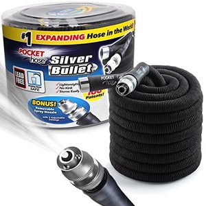 lot 7323 image: Pocket Hose Silver Bullet 75 ft Turbo Shot Nozzle Multiple Spray Patterns Expandable Garden Hose 34 in Solid Aluminum Fittings Lead-Free Lightweight and No-Kink