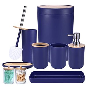 lot 7324 image: iMucci 9Pcs Navy Blue Bathroom Accessories Set - with Trash Can,Toilet Brush,Toothbrush Holder, Lotion Soap Dispenser, Soap Dish,Toothbrush Cup,Vanity Tray,Qtip Holder