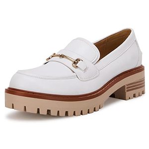 lot 7328 image: Womens Lug Sole Platform Mid Chunky Heel Loafers Classic Round Toe Slip On Office Uniform Oxfords Shoes with Metal Chain White