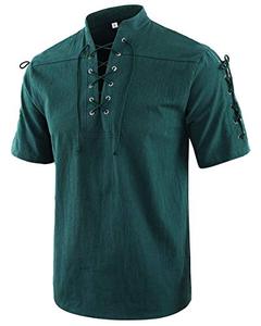 lot 7422 image: Moomphya Mens Medieval Retro Lace-Up Short Sleeve Renaissance Gothic V-Neck T-Shirts (Dark Green, L)