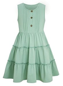 lot 7423 image: TUPOMAS Little Girl Sage Dress Size 5-6 Girl Swing Sundress Green Kids Solid Sleeveless Dresses Button Casual Summer Outfit Size 5-6(Green,5-6 Years)