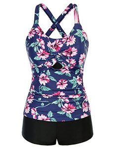 lot 7440 image: GRACE KARIN Tankini Swimsuits for Women 2 Piece Crisscross Back Bathing Suits Ruched Tank Top with Boy Shorts Blue Floral L