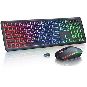 lot 7444 image: Wireless Keyboard and Mouse Combo Backlit, Rechargeable & RGB Light Up Letters, Full-Size, Ergonomic Tilt Angle, Sleep Mode, 2.4GHz Quiet Keyboard Mouse for Mac, Windows, Laptop, PC - Trueque (Black)