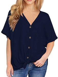 lot 7450 image: IWOLLENCE Womens Loose Henley Blouse Bat Wing Short Sleeve Button Down T Shirts Tie Front Knot Tops Navy Blue Large