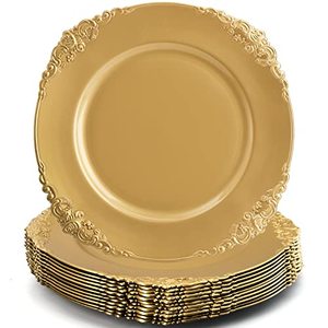 lot 7458 image: Okllen 12 Pack Gold Charger Plates, 13 Round Charger Plates with Embossed Rim, Decorative Dinner Charger Serving Plates for Catering, Wedding, Tabletop Decor