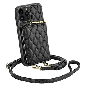 lot 7466 image: LAMEEKU Compatible with iPhone 14 Pro Max Case Wallet, Card Holder Case with Crossbody Chain Quilted Leather Purse Case RFID Protective Case Compatible with iPhone 14 Pro Max, 6.7 Inch-Black