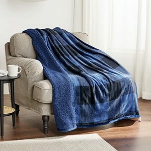 lot 7481 image: Bedsure Christmas Throw Blanket for Couch - Sherpa Blankets Soft, Warm Plaid Blanket for Winter, Navy and Black Buffalo Bed Blankets