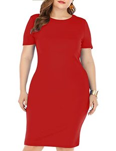 lot 7487 image: GXLU Womens Plus Size Red Short Sleeve Bodycon Pencil Dress Knee Length Summer T Shirt Dresses Red 4X