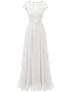 lot 7494 image: DRESSTELLS Women Formal Prom Evening Party Floor Long Dress Modest Wedding Guest Aline Lace Chiffon Maxi Gown White M