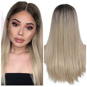 lot 7499 image: Quantum Love Ombre Ash Blonde Wigs Long Straight Daily Party Wig Glueless Heat Resistant Synthetic Middle Part Wig for Women