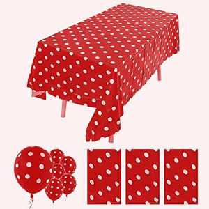 lot 7506 image: ZJDHPTY 3Pack Tablecloths for Rectangle Tables Red Polka Dot Plastic Disposable Table Cloths for Parties Minnie Mouse Table Cloth Easy to Clean, Size 54x108 Inch(RedWhite dots)