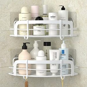 lot 7533 image: STEUGO 2-Pack Corner Shower with 4 Hooks Adhesive, Bathroom Shower Rack Rust Resistant SUS304 Stainless Steel for Dorm Bathroom Kitchen Storage (White)