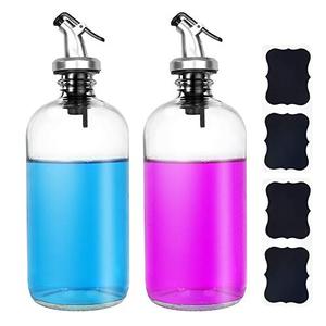 lot 7537 image: 16 oz Glass Mouthwash Dispenser, Refillable Clear Glass Boston Round Bottles with Pour Spout,Include 2 Screw Caps & 4 Chalk Labels., 1 bottle only
