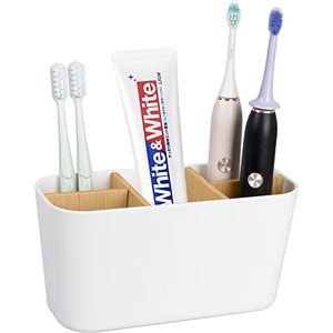 lot 7539 image: Toothbrush Holders for Bathrooms, Bamboo Tooth Brush Holder with 5 Slots Bathroom Vanity Organizer Countertop for Electric Toothbrushes, Toothpaste, Razors - White