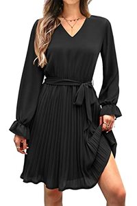 lot 7540 image: PRETTYGARDEN Womens Casual Spring Dresses Long Puff Sleeve V Neck Pleated Ruffle Flowy Belted Dress (Black,Small)