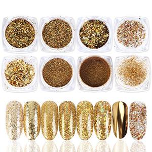 lot 7550 image: Gold Nail Art Sequins Glitter Kits, KISSBUTY 8 Boxes Nail Art Sequins Nails Powder Metallic Shining Flakes Nail Glitter Set for Nails Art Decoration Body Face Hair Glitters