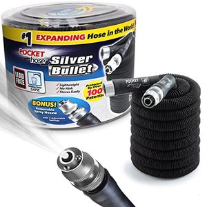 lot 7560 image: Pocket Hose Silver Bullet 50 ft Turbo Shot Nozzle Multiple Spray Patterns Expandable Garden Hose 34 in Solid Aluminum Fittings Lead-Free Lightweight and No-Kink