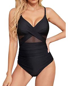 lot 7564 image: Tempt Me Black Women One Piece Tummy Control Swimsuits Push Up Bathing Suits Cutout Mesh Front Cross Swimwear L