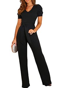 lot 7590 image: BLENCOT Black Jumpsuit V Neck Summer Short Sleeve Casual Belted Wide Leg Formal Women Rompers Jumpsuits Medium