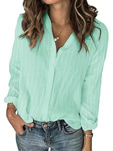 lot 7594 image: Karlywindow Womens Button Down V Neck Shirts Long Sleeve Casual Striped Summer Beach Office Work Business Blouses Tops