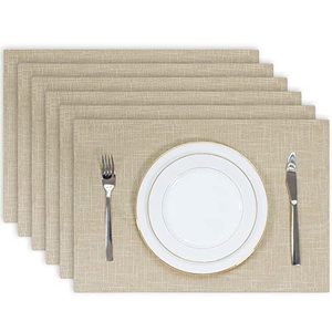 lot 7604 image: Kevin Textile Table Mats Set of 6 Heat Resistant Washable Placemats for Parties Buffet Dinner, 13 x 19 inches, Light Beige