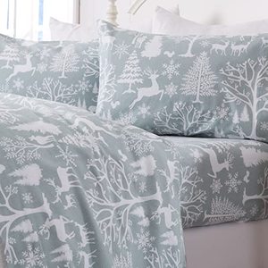lot 7615 image: Great Bay Home 100% Turkish Cotton Queen Winter Flannel Sheet Set  Deep Pocket Fitted Sheet, Soft Sheets  Warm Lodge Bed Sheets  Anti-Pill Flannel Sheets (Queen,Enchanted Woods - Blue)