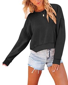 lot 7618 image: Womens Casual Long Sleeve Sweatshirt Crewneck Crop Sweatshirts Pullover Tops Solid Drop Shoulder Cropped Top for Fall Winter Black
