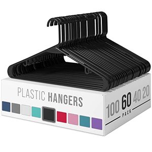 lot 7632 image: Plastic Clothes Hangers (20, 40, 60, 100 Packs) Heavy Duty Durable Coat and Clothes Hangers  Vibrant Color Hangers  Lightweight Space Saving Laundry Hangers (60 Pack - Black)