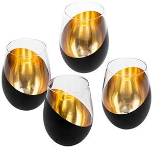lot 7635 image: MyGift Matte Black & Gold Stemless Wine Glass Set of 4, Elegant Anniversary Wine Glasses