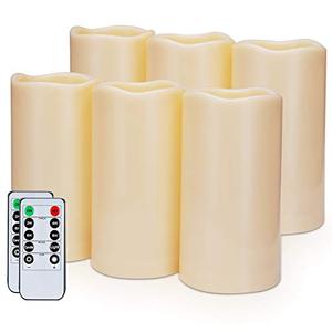 lot 7647 image: Amagic 3 x 6 Outdoor Waterproof Flameless Candles - Battery Operated LED Pillar Candles with Remote Control and Timers, Ivory, Plastic, Set of 6
