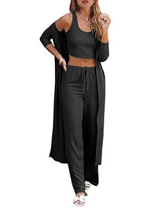 lot 7654 image: Womens Summer Pajamas Set 3 Piece Loungewear Set Crop Vest Top Loose Pants and Cardigan Knitwear Jumpsuit Black