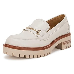 lot 7658 image: Womens Lug Sole Platform Mid Chunky Heel Loafers Classic Round Toe Slip On Office Uniform Oxfords Shoes with Metal Chain Beige