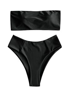lot 7667 image: ZAFUL Womens High Cut Bandeau Bikini Set Strapless Solid Color 2 Pieces Bathing Suit Swimsuit (0-Black,L)