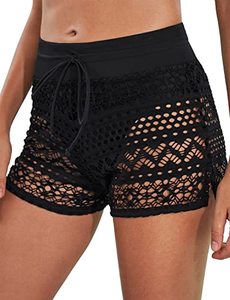 lot 7669 image: Womens Swim Shorts Waistband Swimsuit Bottom Board Shorts Lace Hollow Swimming Black1 M